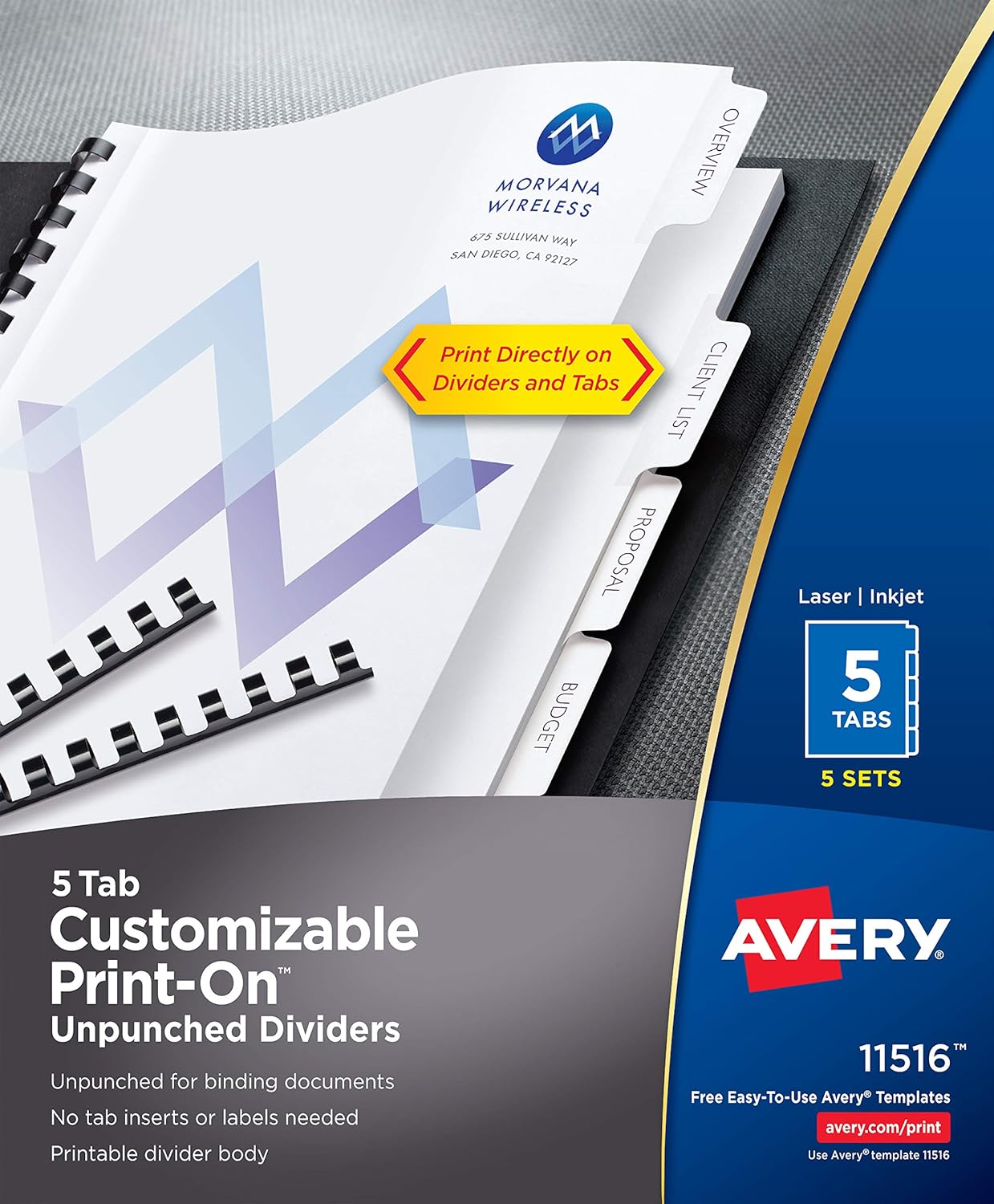 Avery® Customizable Print-On Dividers, Unpunched, 5-Tab, 11 x 8.5, White, 5 Sets