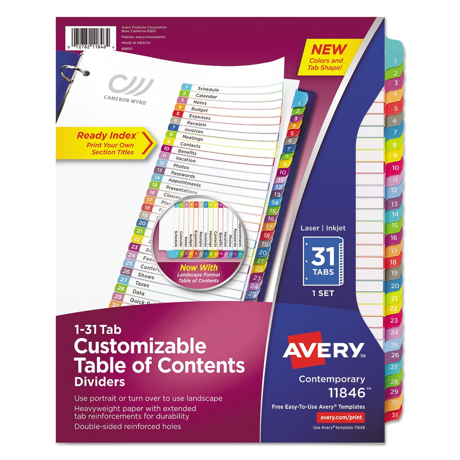 Avery® Customizable TOC Ready Index Multicolor Tab Dividers, 31-Tab, 1 to 31, 11 x 8.5, White, Contemporary Color Tabs, 1 Set