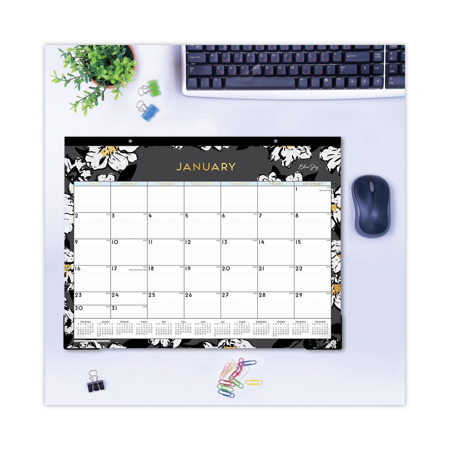 Blue Sky® Baccara Dark Desk Pad, Floral Artwork, 22 x 17, White/Black/Gold Sheets, Black Binding, 12-Month (Jan to Dec): 2025