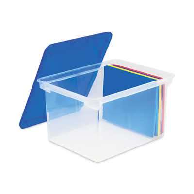 Storex Plastic File Tote, Letter/Legal Files, 18.5" x 14.25" x 10.88", Clear/Blue Flipcost Flipcost