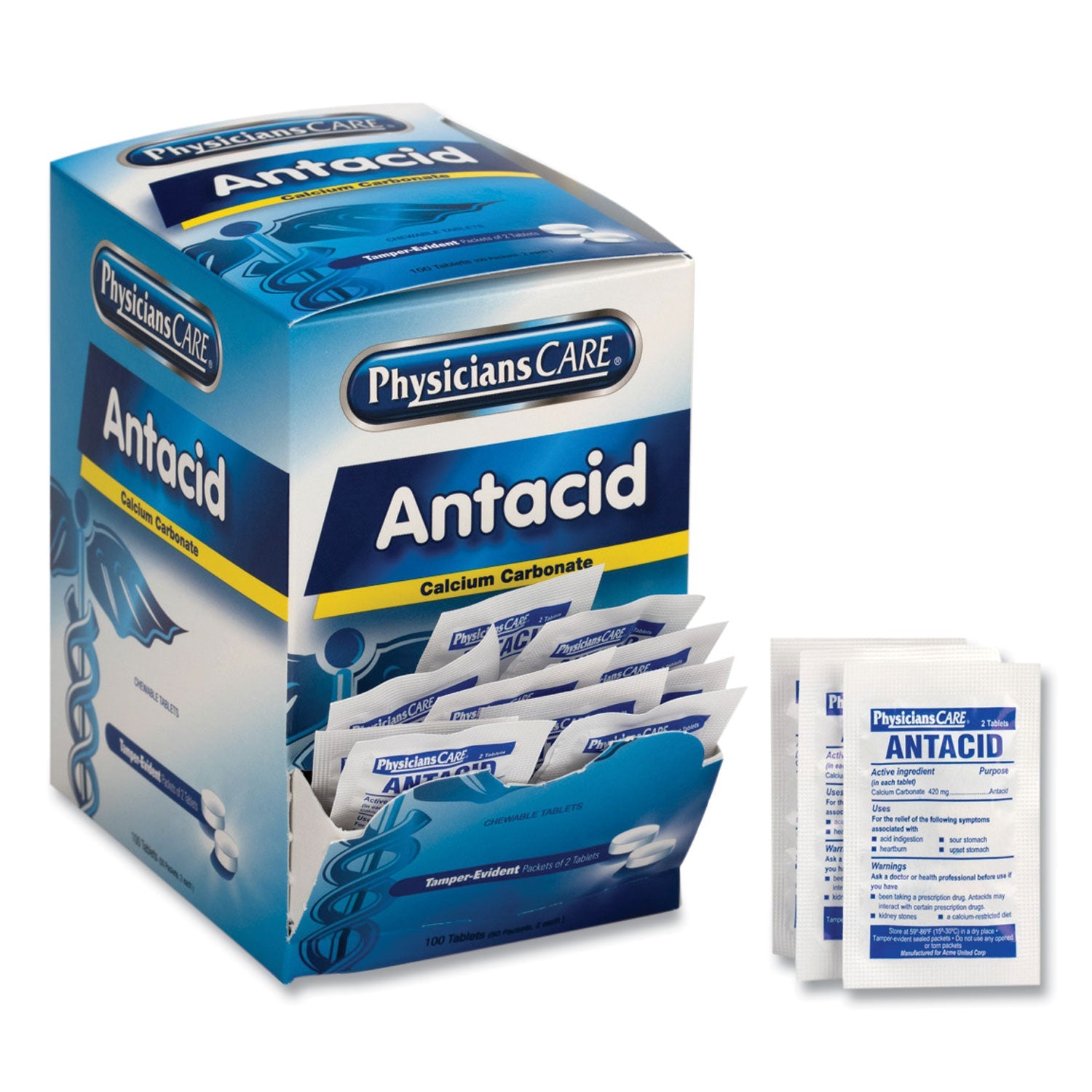 PhysiciansCare® Antacid Calcium Carbonate Medication, Two-Pack, 50 Packs/box