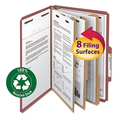 Smead™ Recycled Pressboard Classification Folders, 3" Expansion, 3 Dividers, 8 Fasteners, Legal Size, Red Exterior, 10/Box Flipcost Flipcost