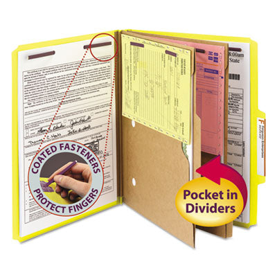Smead™ 6-Section Pressboard Top Tab Pocket Classification Folders, 6 SafeSHIELD Fasteners, 2 Dividers, Letter Size, Yellow, 10/Box Flipcost Flipcost