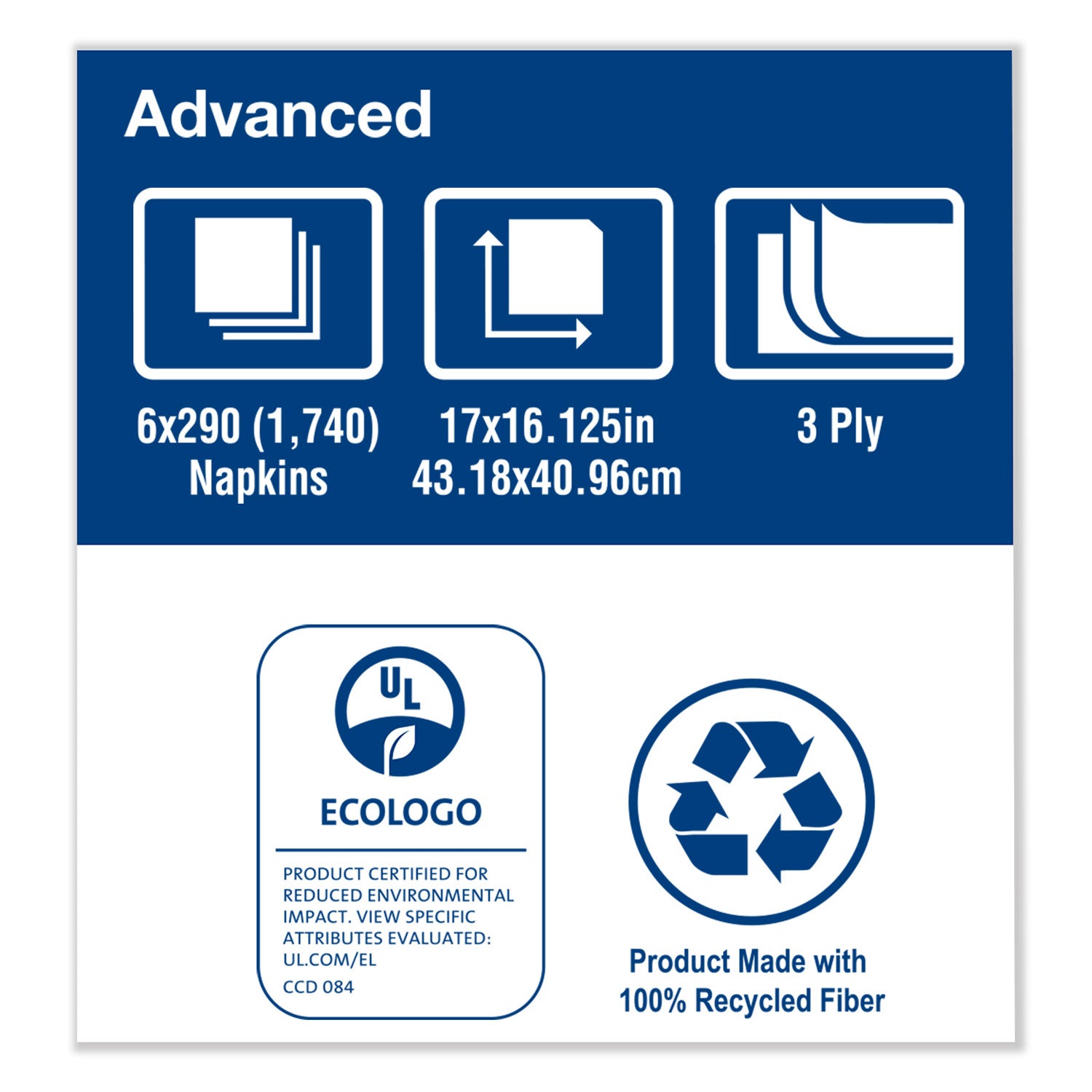 Tork® Advanced Dinner Napkin,3-Ply,17" X 16.125",1/8 Fold, White,1740/ct