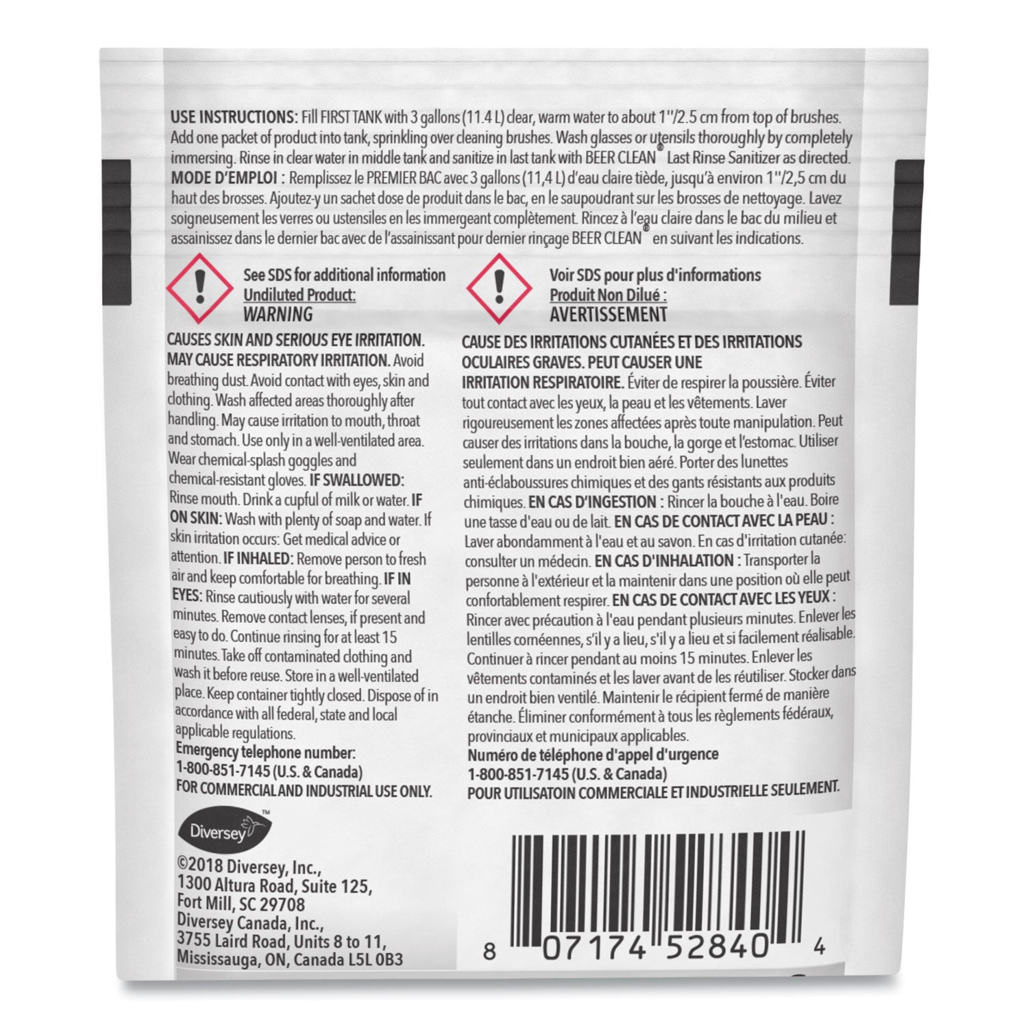 Diversey™ Beer Clean Glass Cleaner, Powder, 0.5 Oz Packet, 100/carton