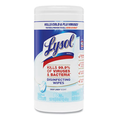LYSOL® Brand Disinfecting Wipes, 1-Ply, 7 x 7.25, Crisp Linen, White, 80 Wipes/Canister, 6 Canisters/Carton Flipcost Flipcost
