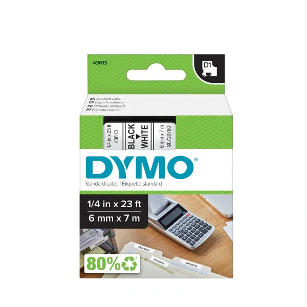 DYMO® D1 High-Performance Polyester Removable Label Tape, 0.25" X 23 Ft, Black On White