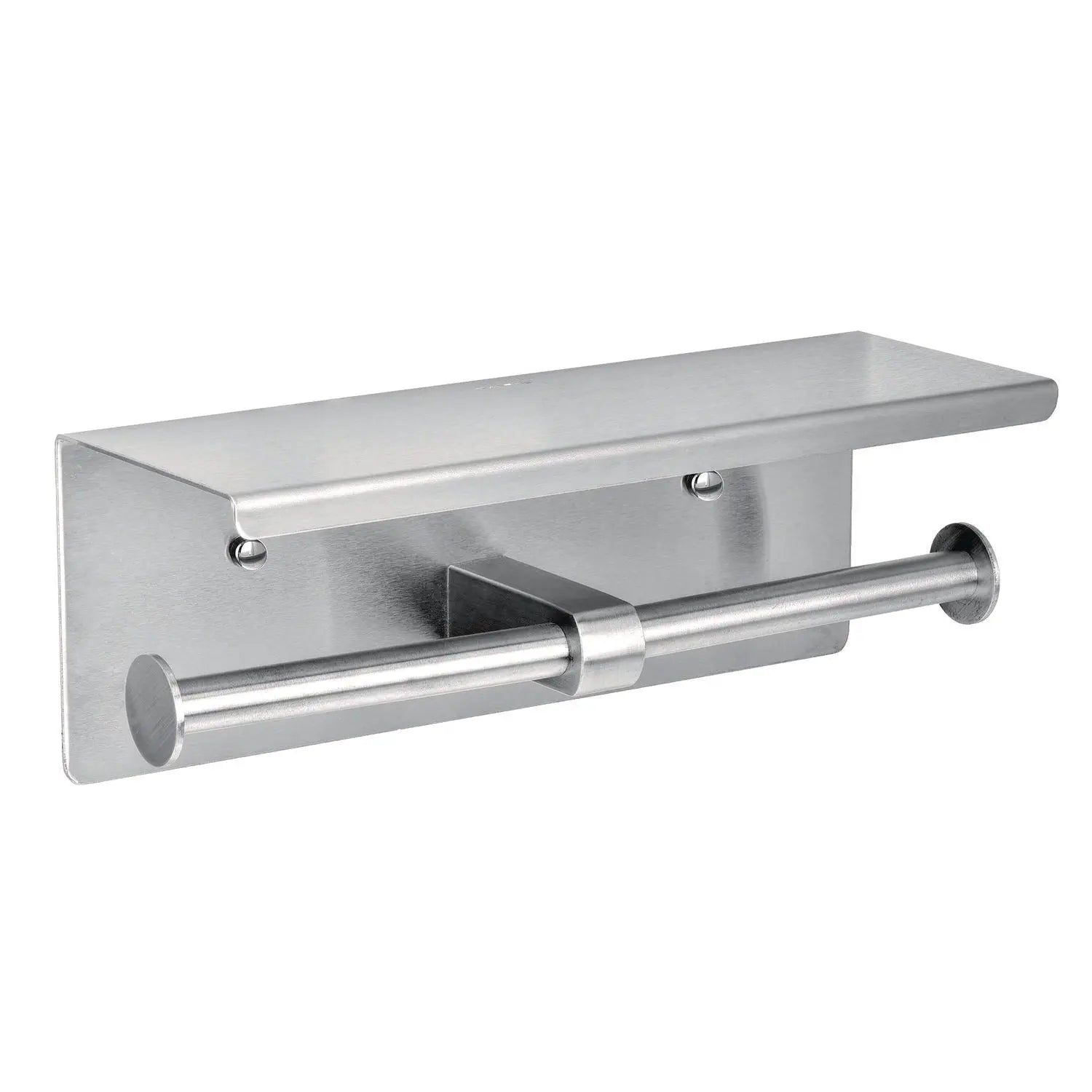 Double Post Toilet Paper Holder with Shelf Storage Rack, 3.87 x 10.5 x 3.95, Brushed Stainless Steel
