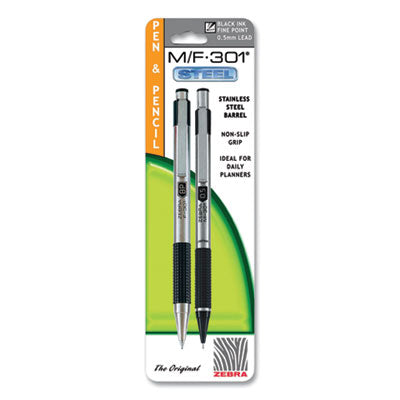 M/F 301 Stainless Steel Retractable Pen and Pencil Set, 0.7 mm Black Pen, 0.5 mm HB Pencil, Stainless Steel Barrels Flipcost Flipcost