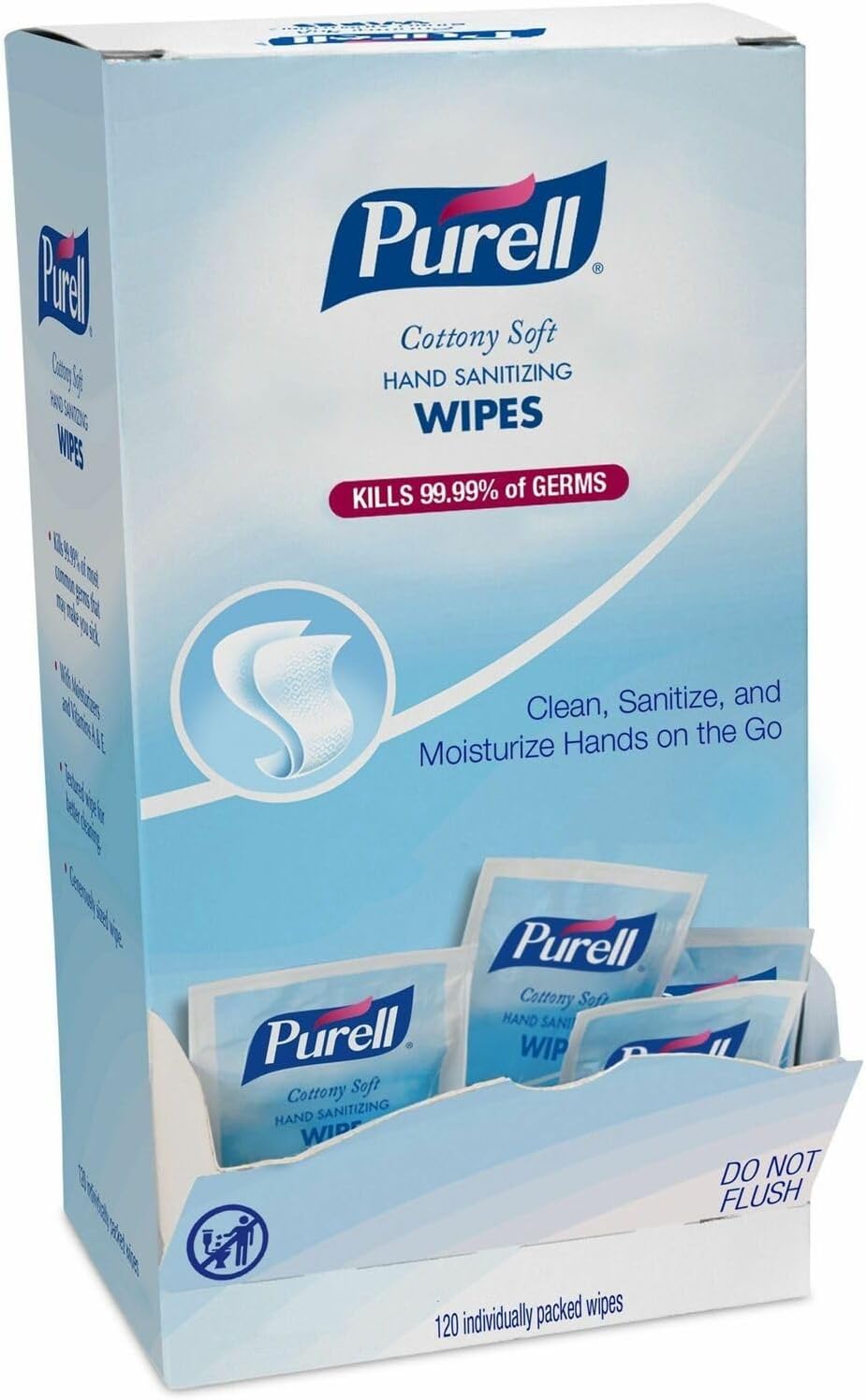 PURELL® Cottony Soft Individually Wrapped Hand Sanitizing Wipes, 5 X 7, Unscented, White, 120/box