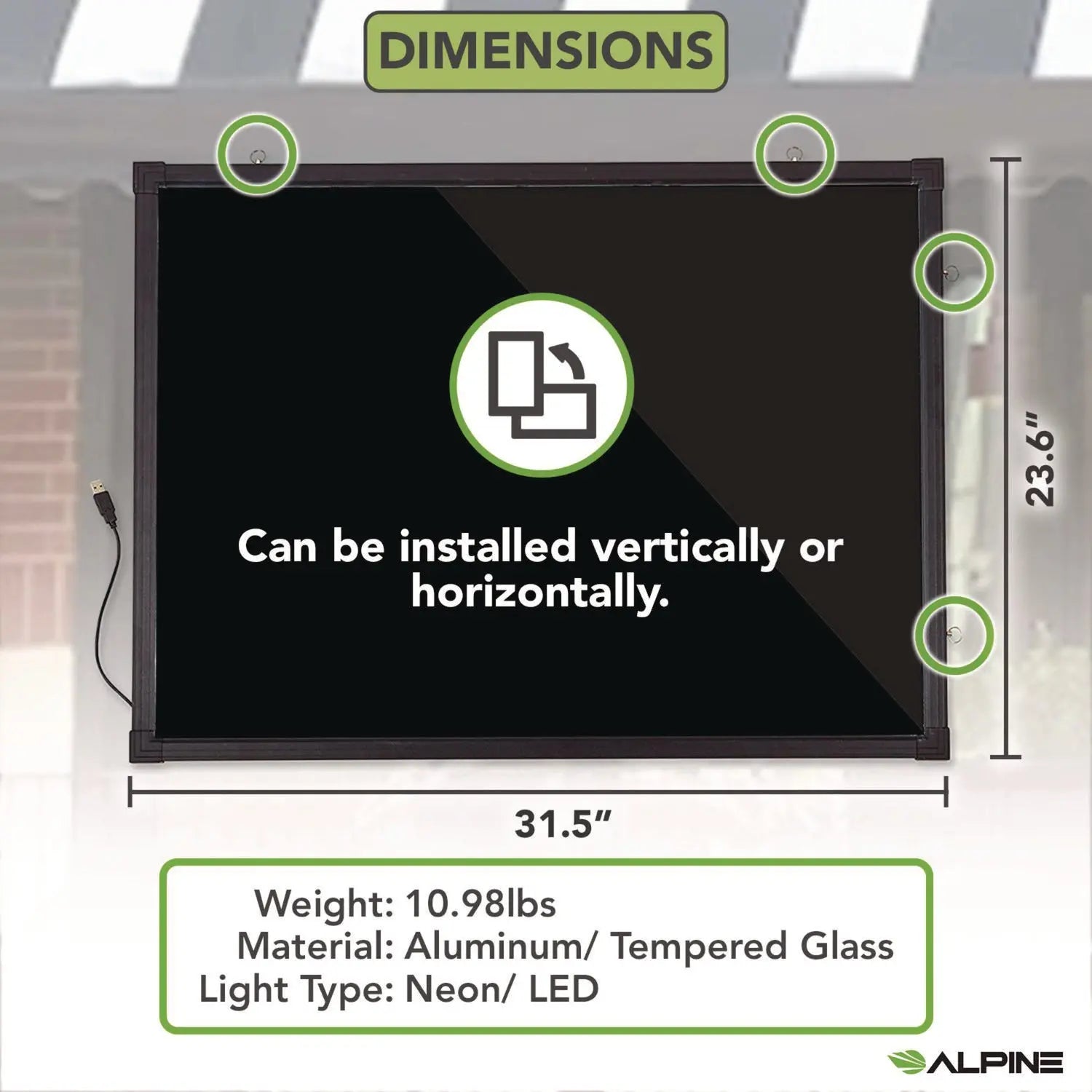 LED Illuminated Hanging Message Writing Board, 23.6" x 31.5", Black Surface, Black Aluminum Frame Alpine Industries Flipcost