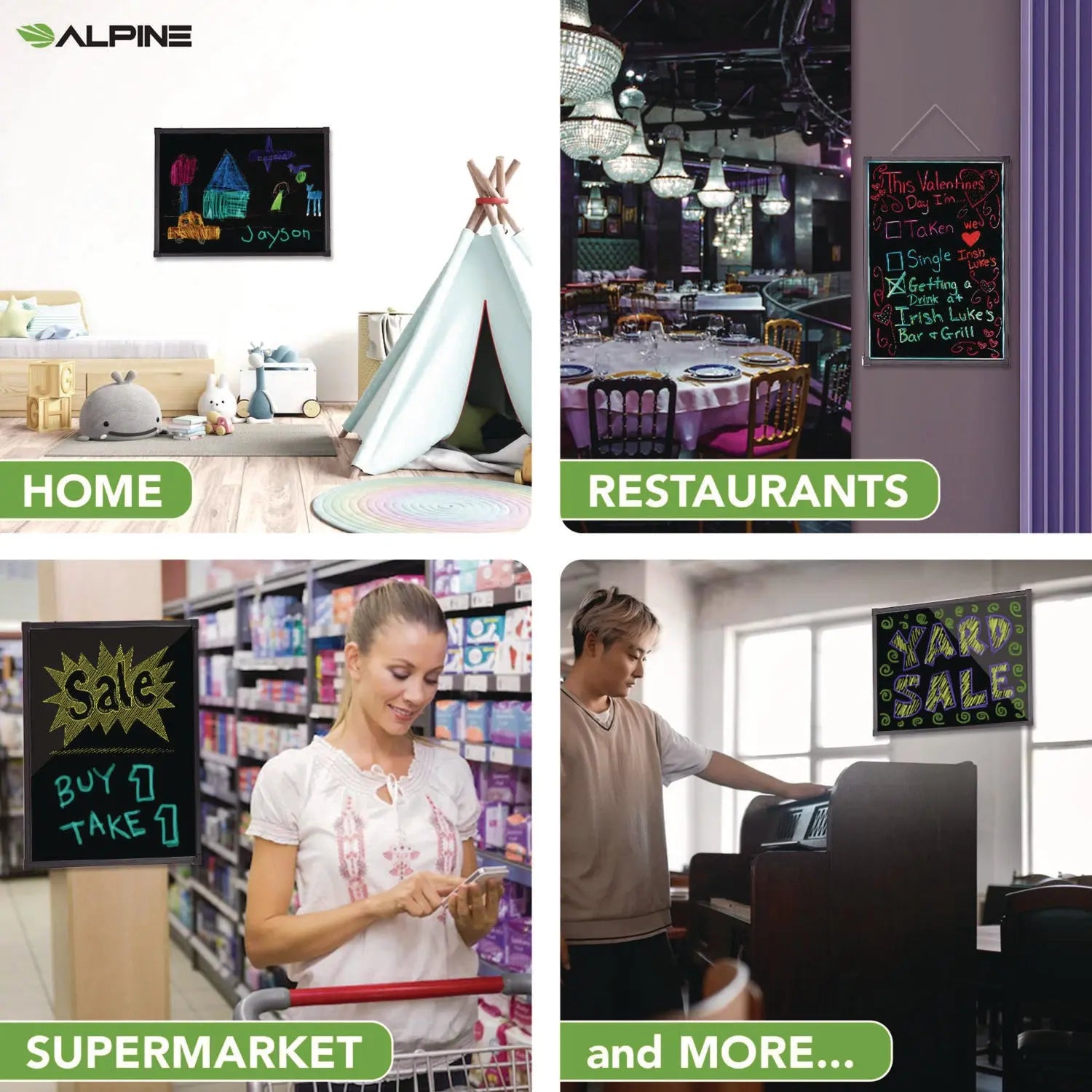 LED Illuminated Hanging Message Writing Board, 23.6" x 31.5", Black Surface, Black Aluminum Frame Alpine Industries Flipcost