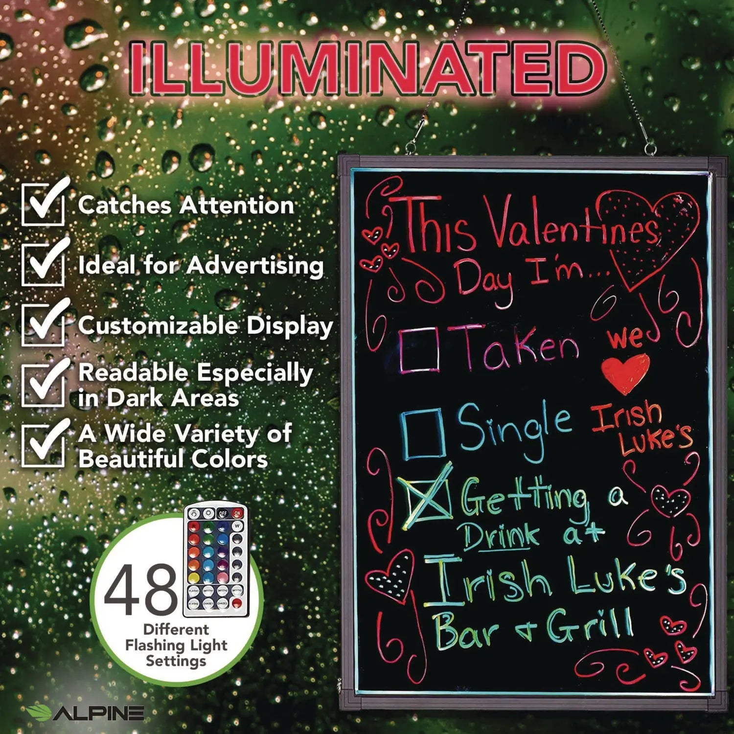 LED Illuminated Hanging Message Writing Board, 23.6" x 31.5", Black Surface, Black Aluminum Frame Alpine Industries Flipcost