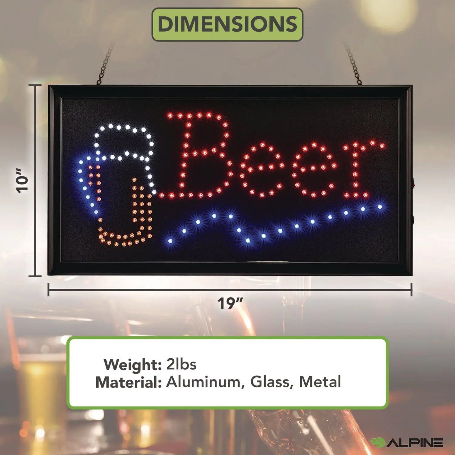 LED Rectangular Beer Sign, 19 x 10, Black Frame, Blue/Green/Orange/Red/White Graphics Alpine Industries Flipcost