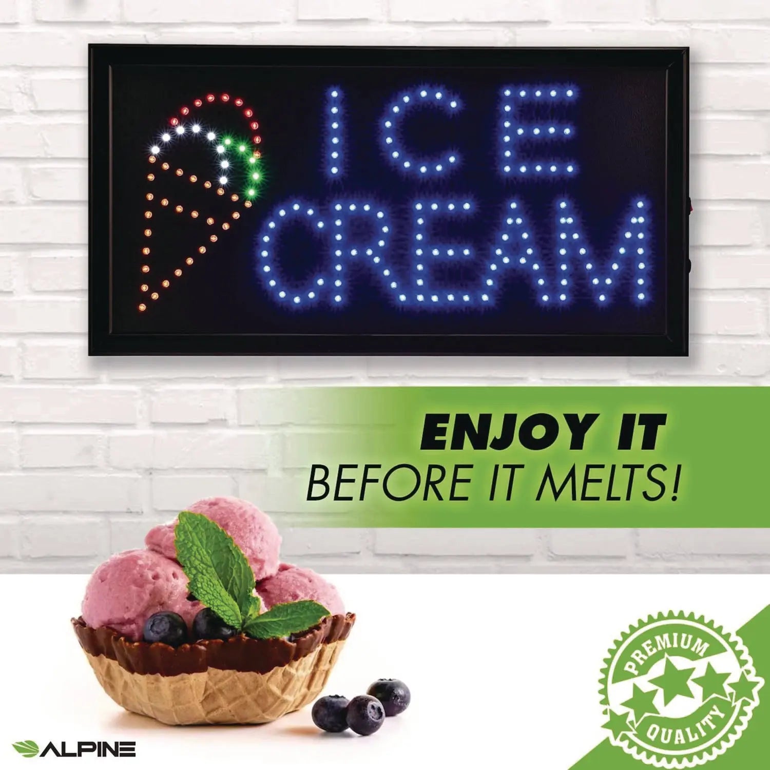 LED Rectangular Ice Cream Sign, 19 x 10, Black Frame, Blue/Green/Orange/Red/White Graphics Alpine Industries Flipcost