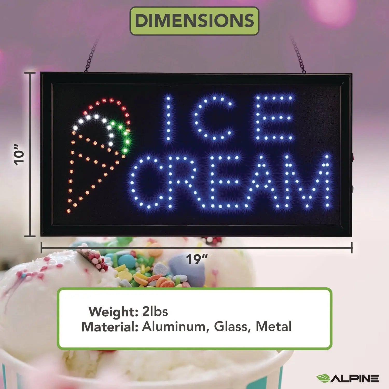 LED Rectangular Ice Cream Sign, 19 x 10, Black Frame, Blue/Green/Orange/Red/White Graphics Alpine Industries Flipcost