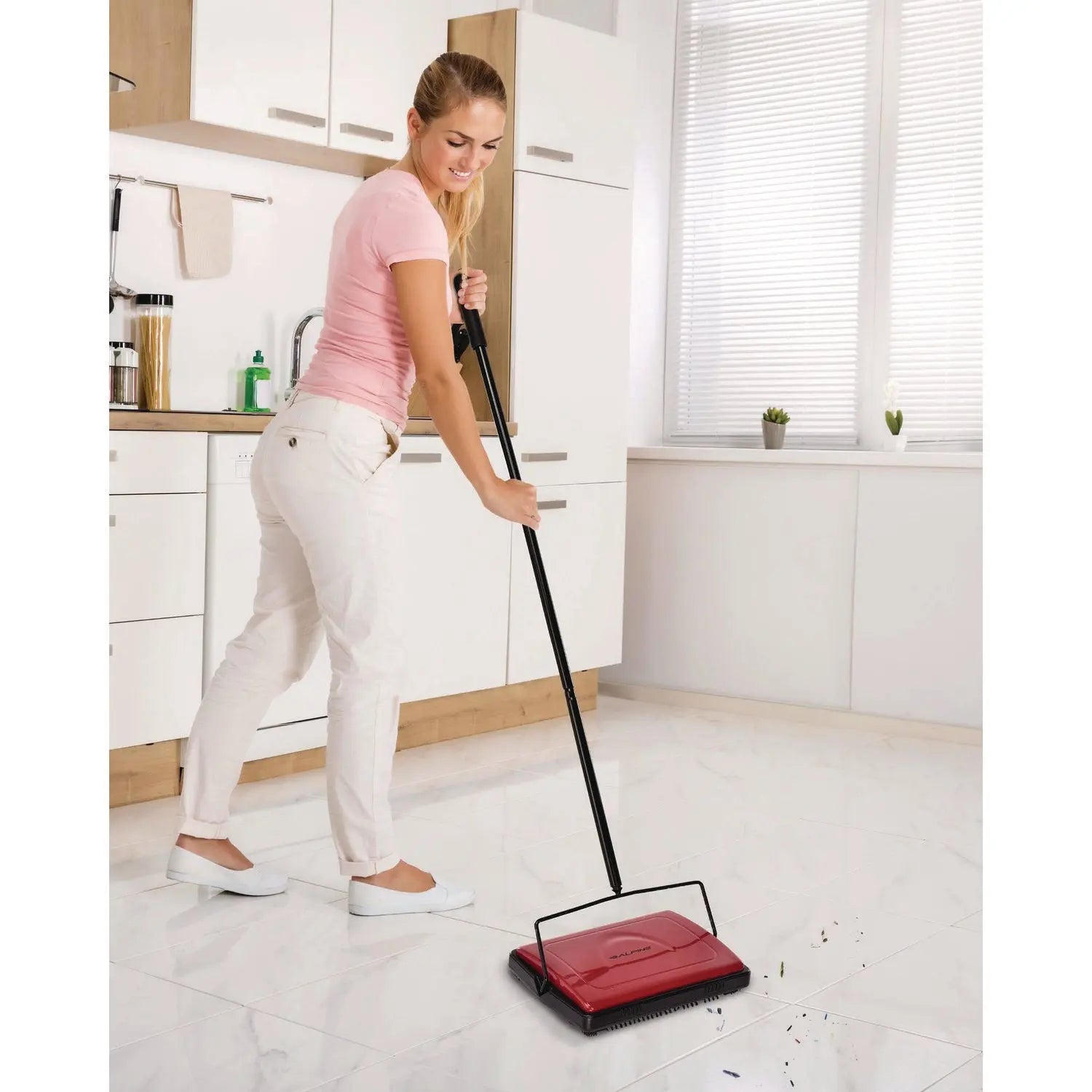 Manual Triple Brush Carpet and Floor Sweeper, 42.5" Handle, Red Alpine Industries Flipcost