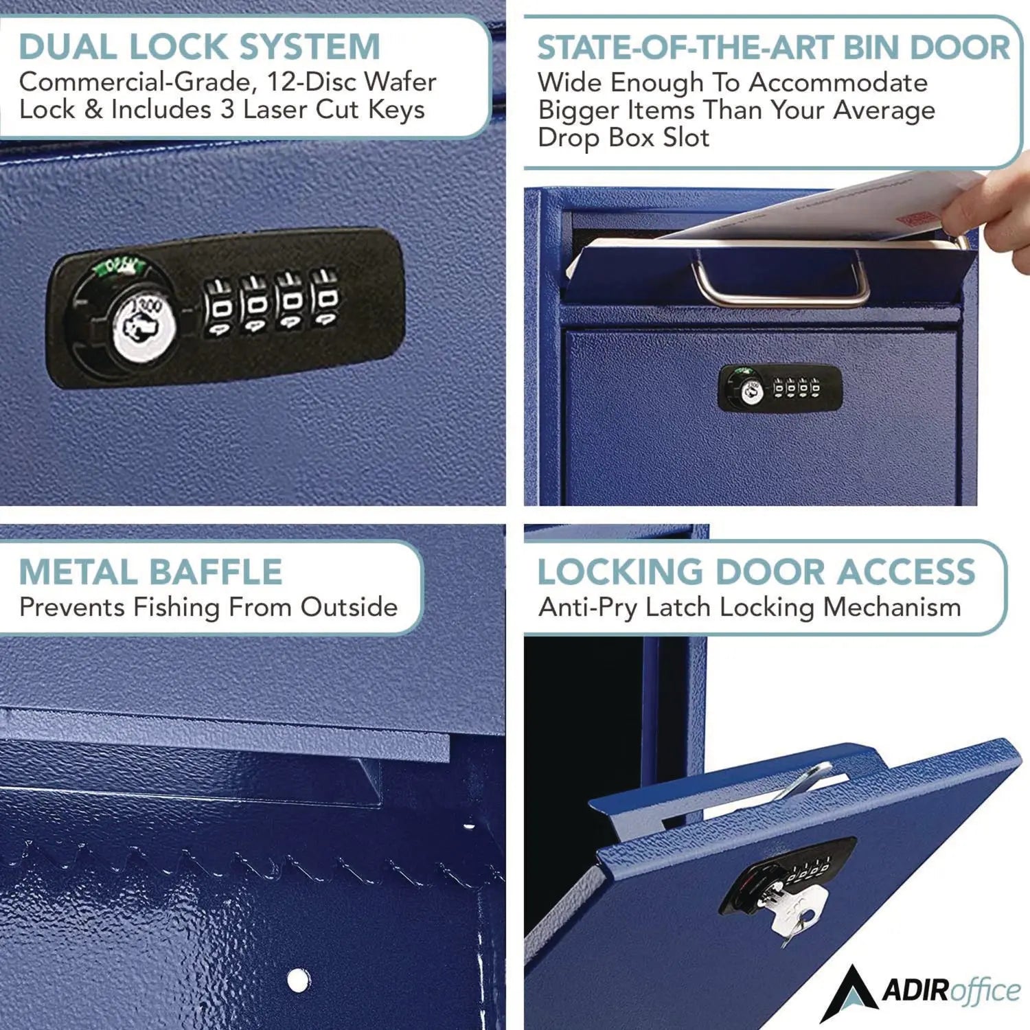 Medium Secure Drop Box Wall Mounted Locking Mail Box with Key and Combination Lock, 10.51 x 4.72 x 12, Blue AdirOffice Flipcost