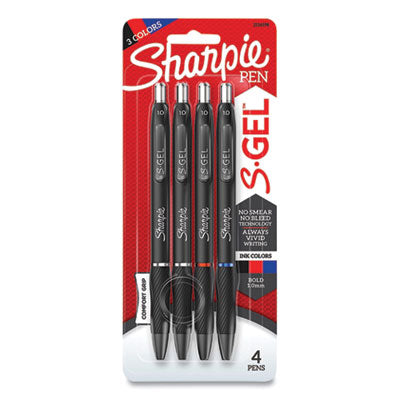 Sharpie® S-Gel™ S-Gel High-Performance Gel Pen, Retractable, Bold 1 mm, Assorted Ink Colors, Black Barrel, 4/Pack