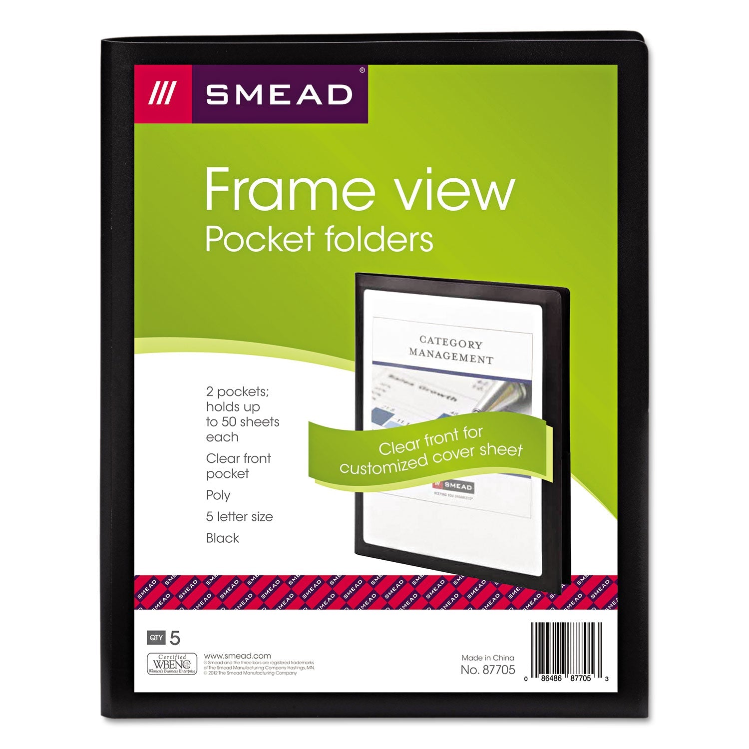 Smead Frame View Poly Two-Pocket Folder, 100-Sheet Capacity, 11 X 8.5, Clear/black, 5/pack