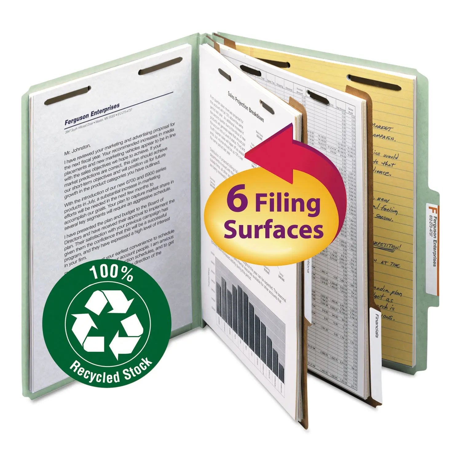 Recycled Pressboard Classification Folders, 2" Expansion, 2 Dividers, 6 Fasteners, Letter Size, Gray-Green, 10/Box