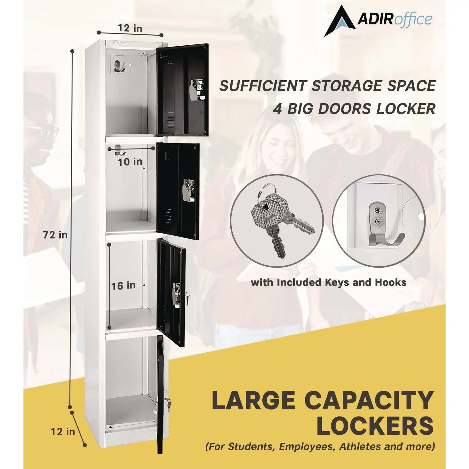 Steel Storage Locker, 4 Compartment, 12 x 12 x 72, Black AdirOffice Flipcost