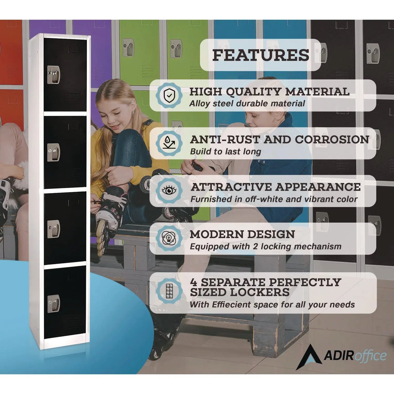 Steel Storage Locker, 4 Compartment, 12 x 12 x 72, Black AdirOffice Flipcost