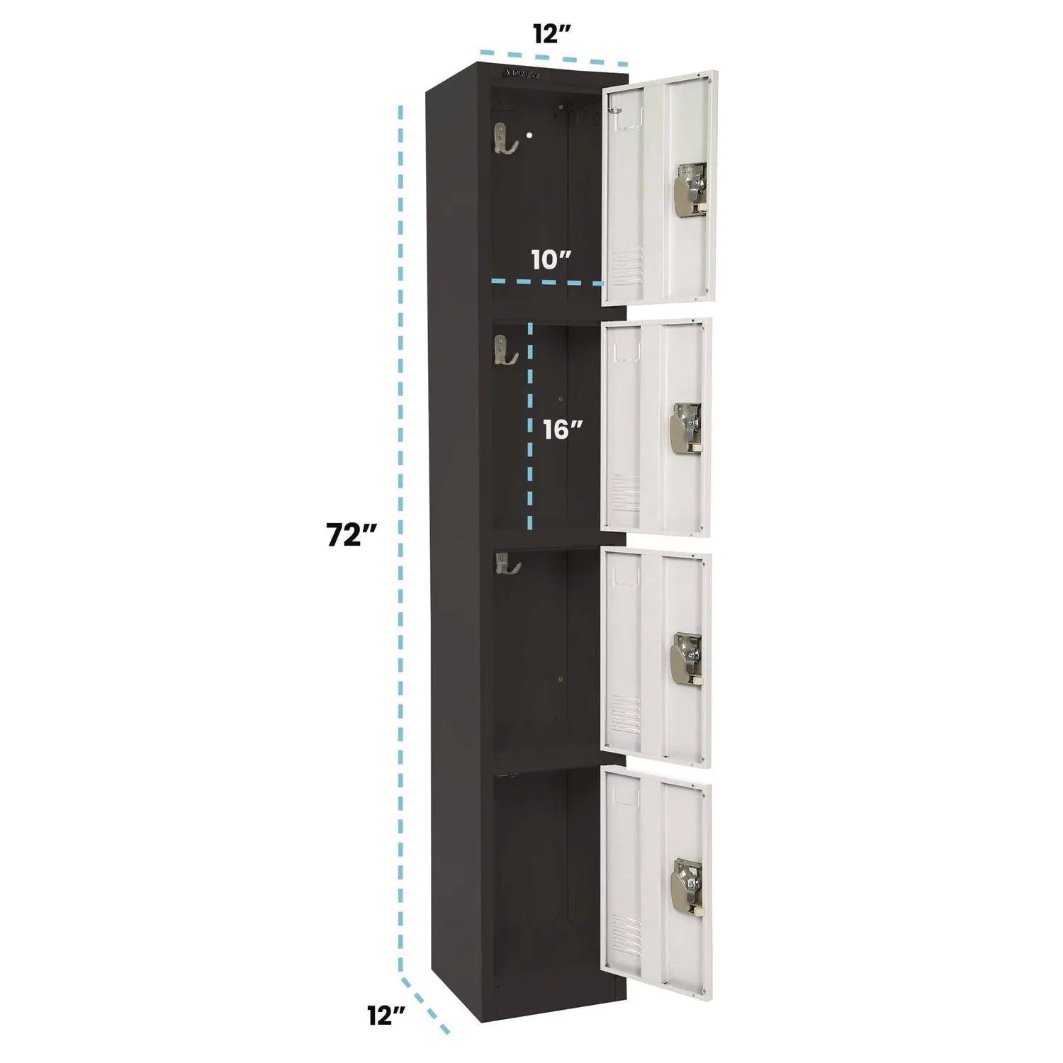 Steel Storage Locker, 4 Compartment, 12 x 12 x 72, Black Body/White Doors AdirOffice Flipcost