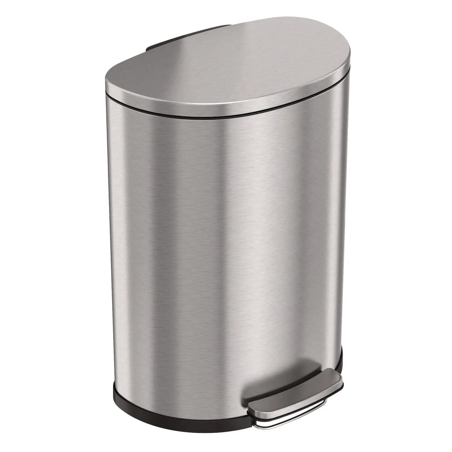 Step Pedal Trash Can, 13 gal, Half-Round Plastic/Stainless Steel, Silver