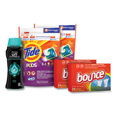 Tide® Better Together Laundry Care Bundle Freshness Burst, (2) Bags Tide Pods, (2) Boxes Bounce Dryer Sheets, (1) Bottle Downy Unstopables Flipcost Flipcost