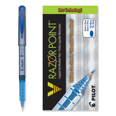 Pilot V Razor Point Pen, Stick, Extra-Fine 0.5 mm, Blue Ink, Gray/Translucent Blue Barrel, Dozen Flipcost Flipcost