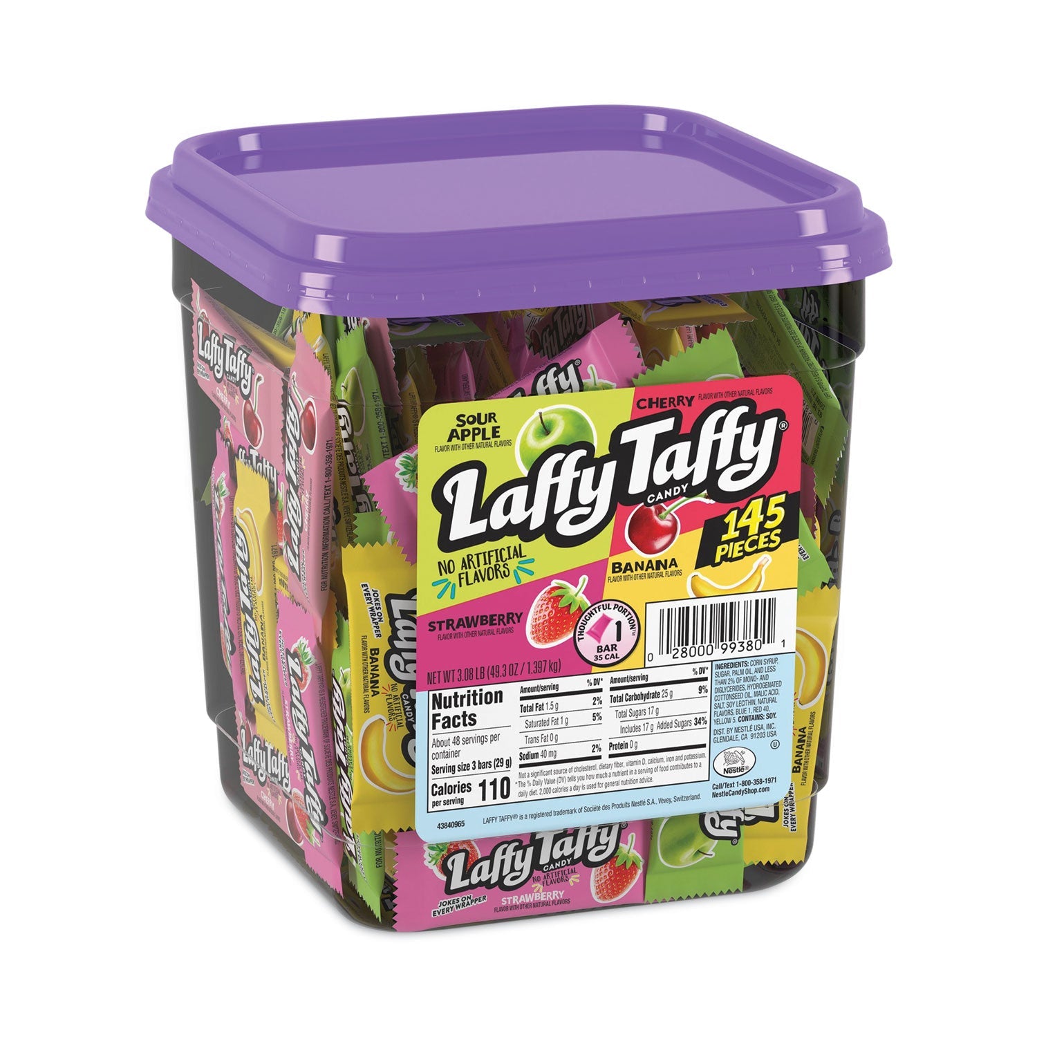 Nestlé® Laffy Taffy, Assorted Flavors, 3.08 lb Tub, 145 Wrapped Pieces/Tub