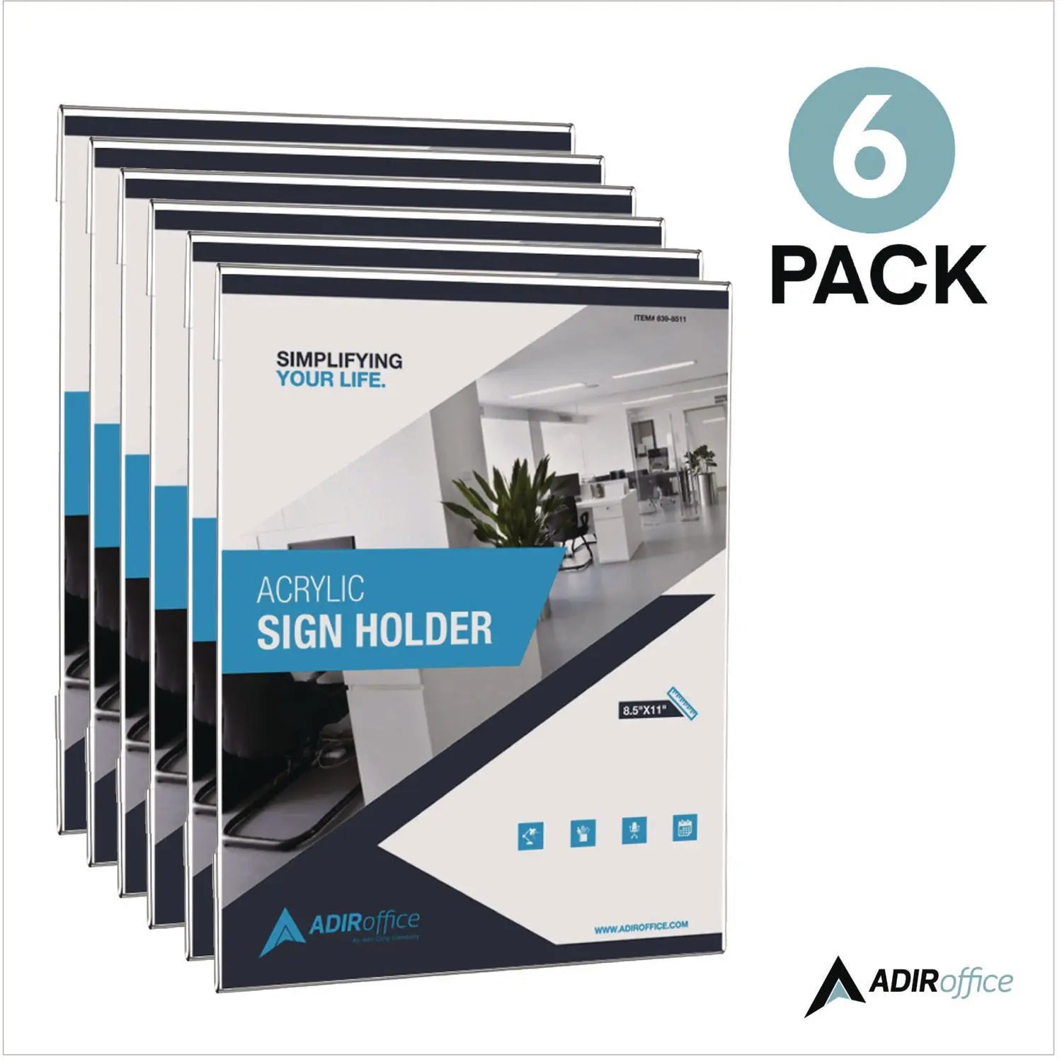Wall Mount Side-Loading Acrylic Sign Holders, 8 x 11, Clear Frame, 6/Pack AdirOffice Flipcost