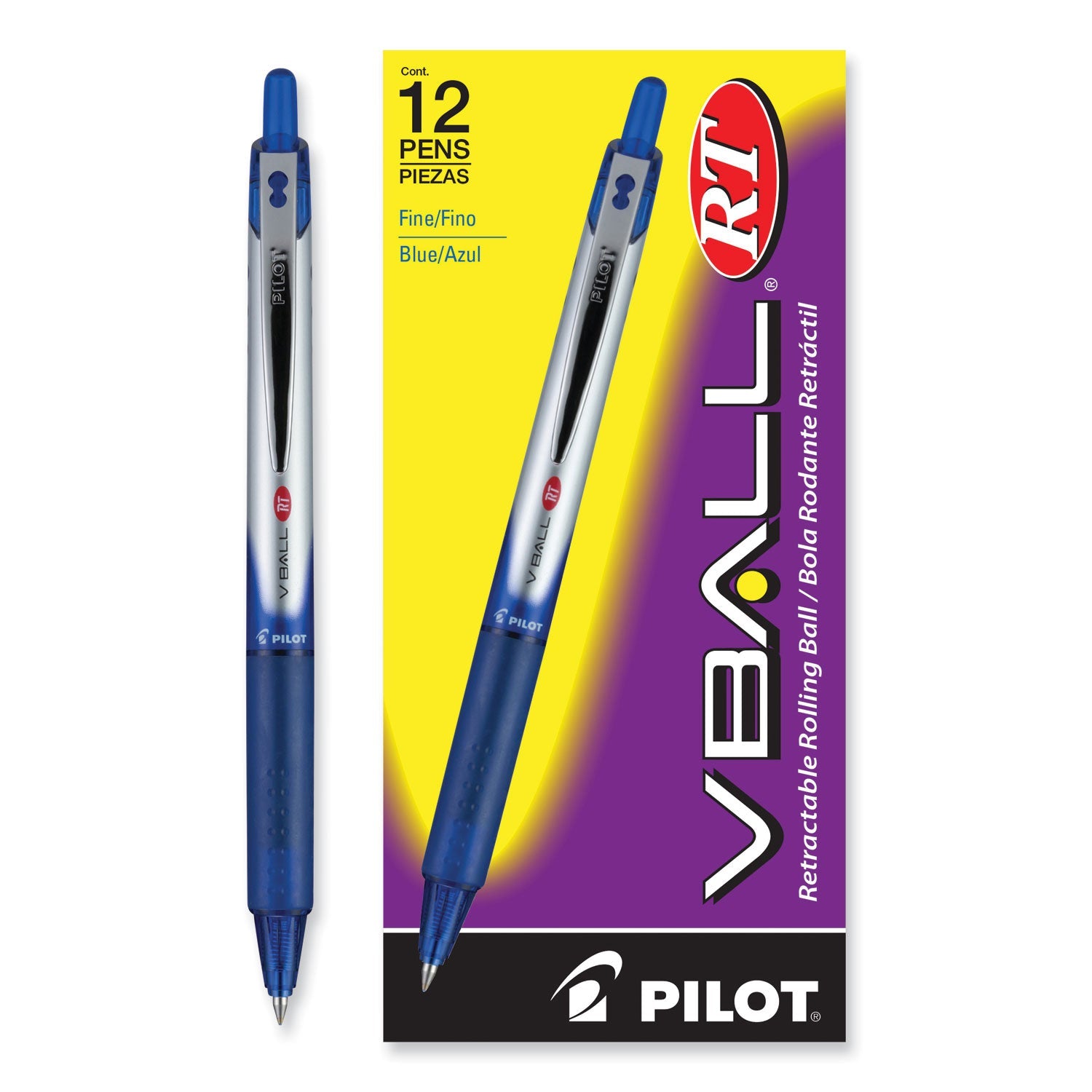 Pilot® VBall RT Liquid Ink Rollerball Pen, Retractable, Fine 0.7 mm, Blue Ink, Blue/White Barrel