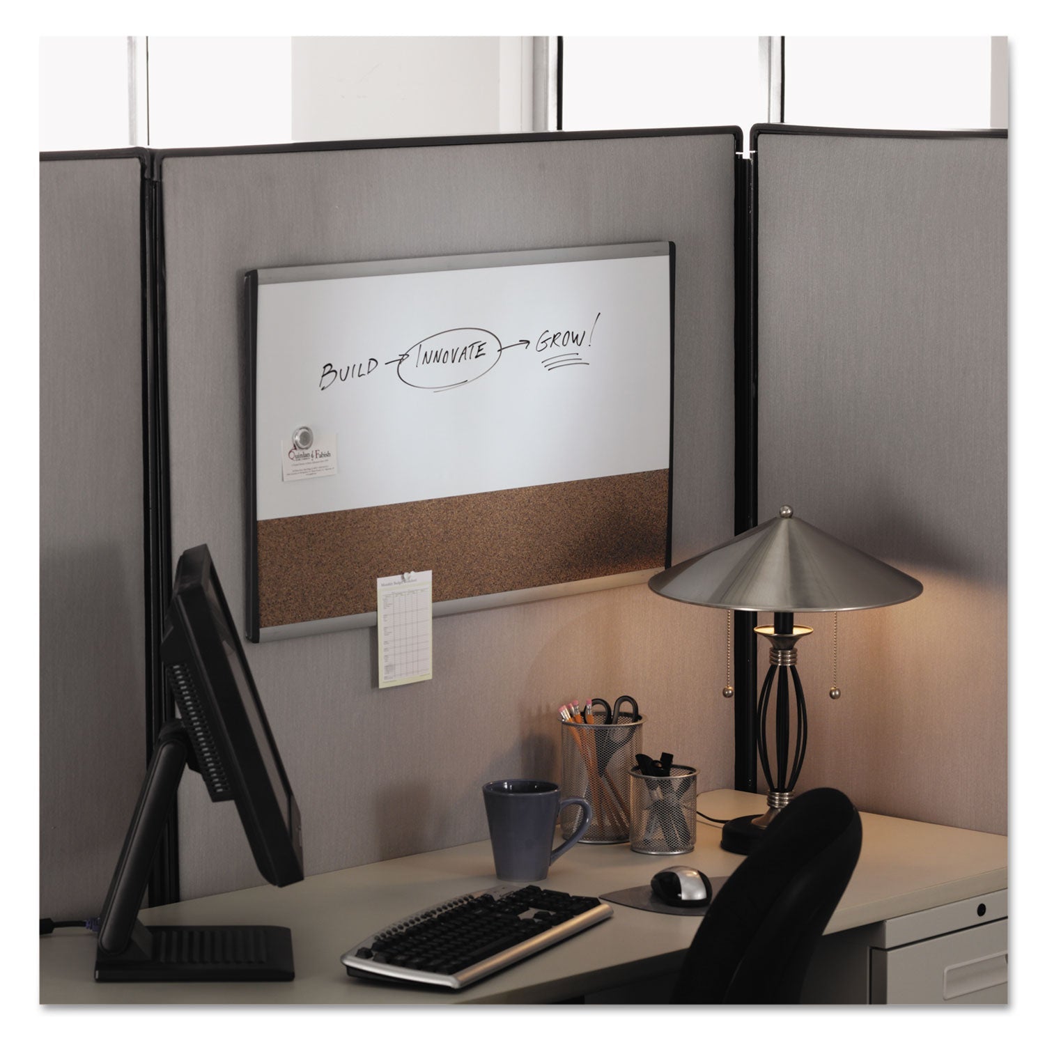Quartet® ARC Frame Cubicle Board, Combo Dry Erase/Cork Bulletin, 30" x 18", Tan/White Surface, Satin Aluminum Frame