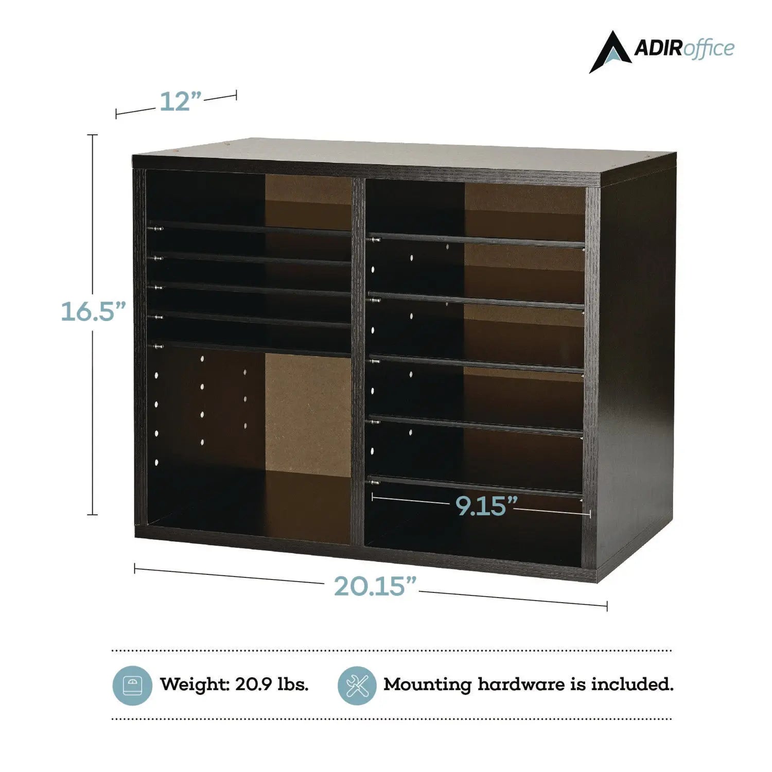 Wood Adjustable 12 Compartment Literature Organizer, 12 Sections, Letter Size, 20 x 11.8 x 16.3, Black AdirOffice Flipcost
