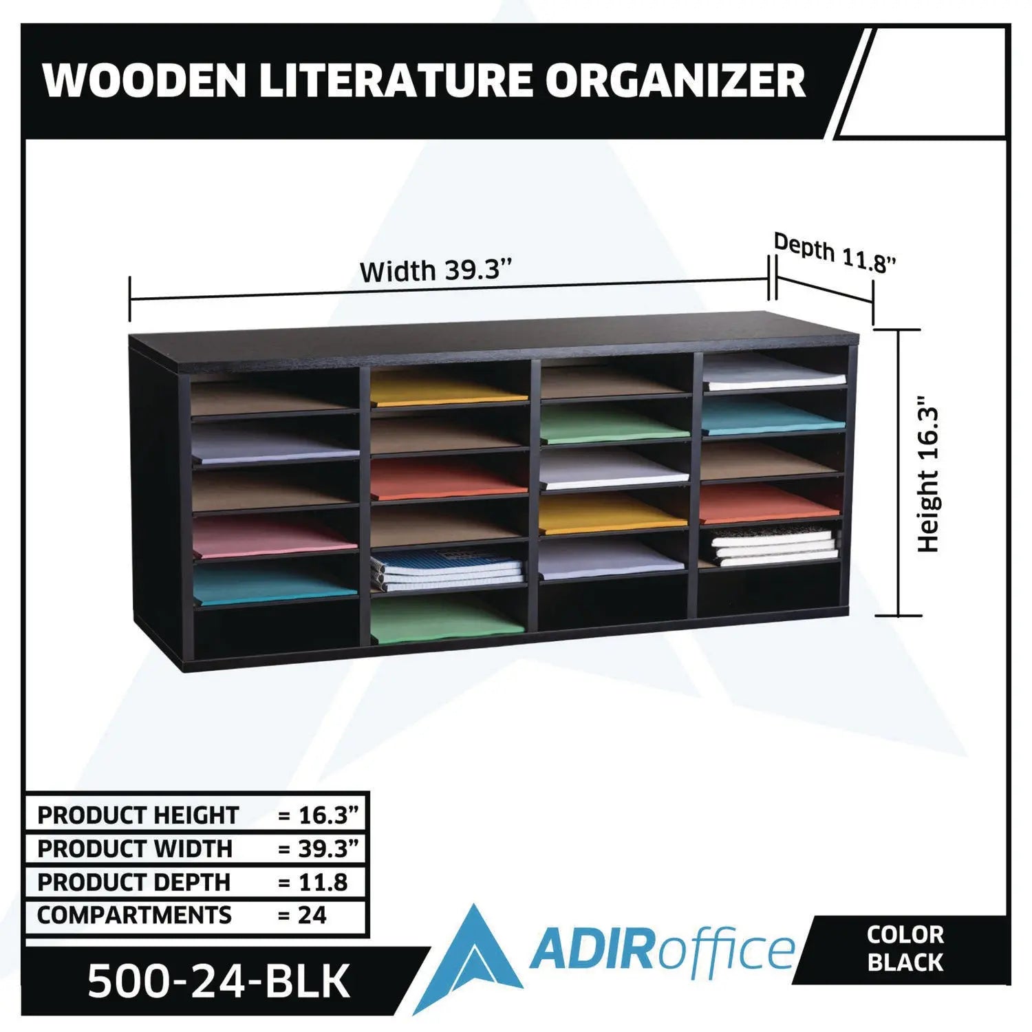 Wood Adjustable 24 Compartment Literature Organizer, 24 Sections, Letter Size, 39.3 x 11.8 x 16.3, Black AdirOffice Flipcost