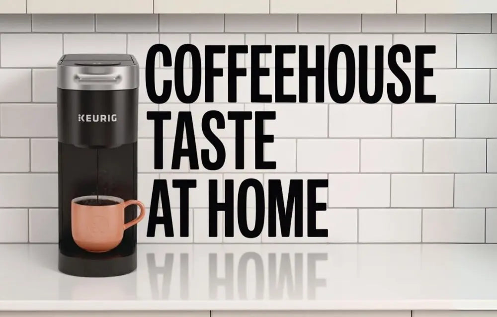Keurig coffe maker with a pink cup and black text that says Coffeehouse tast at home