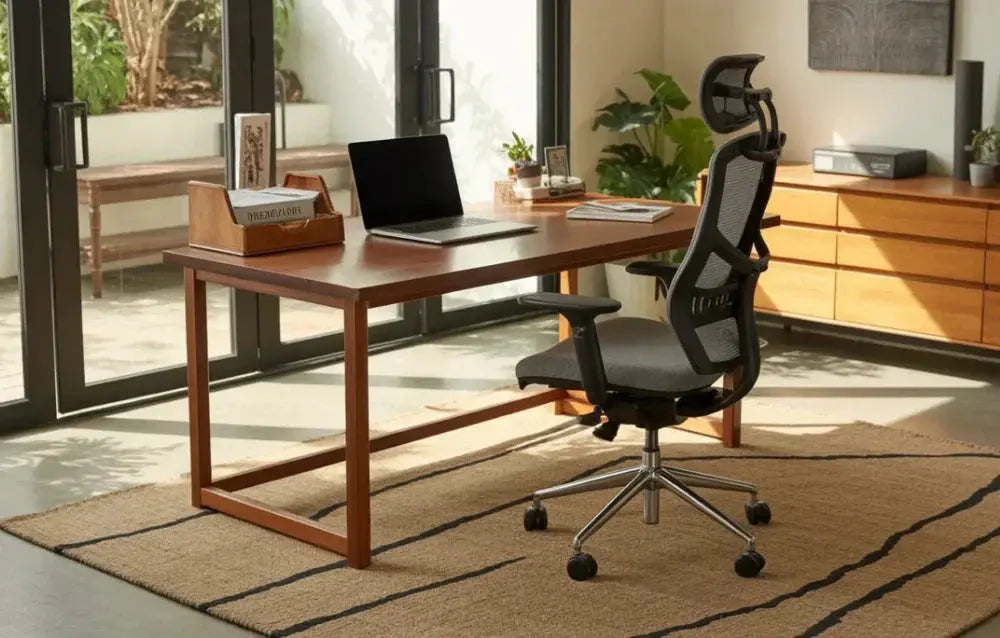 Ergonomic office chair in a sunlite room on a tan rug
