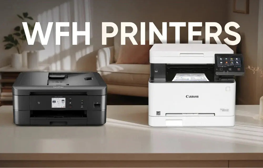 A white Canon printer and a black Brother printer sit side by side on a modern beige desk in a cozy, well-lit home office. Neutral decor and soft lighting create a calm work-from-home atmosphere.