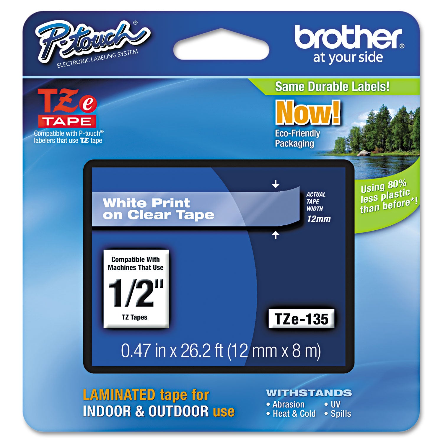Brother P-Touch® Tze Standard Adhesive Laminated Labeling Tape, 0.47" X 26.2 Ft, White On Clear