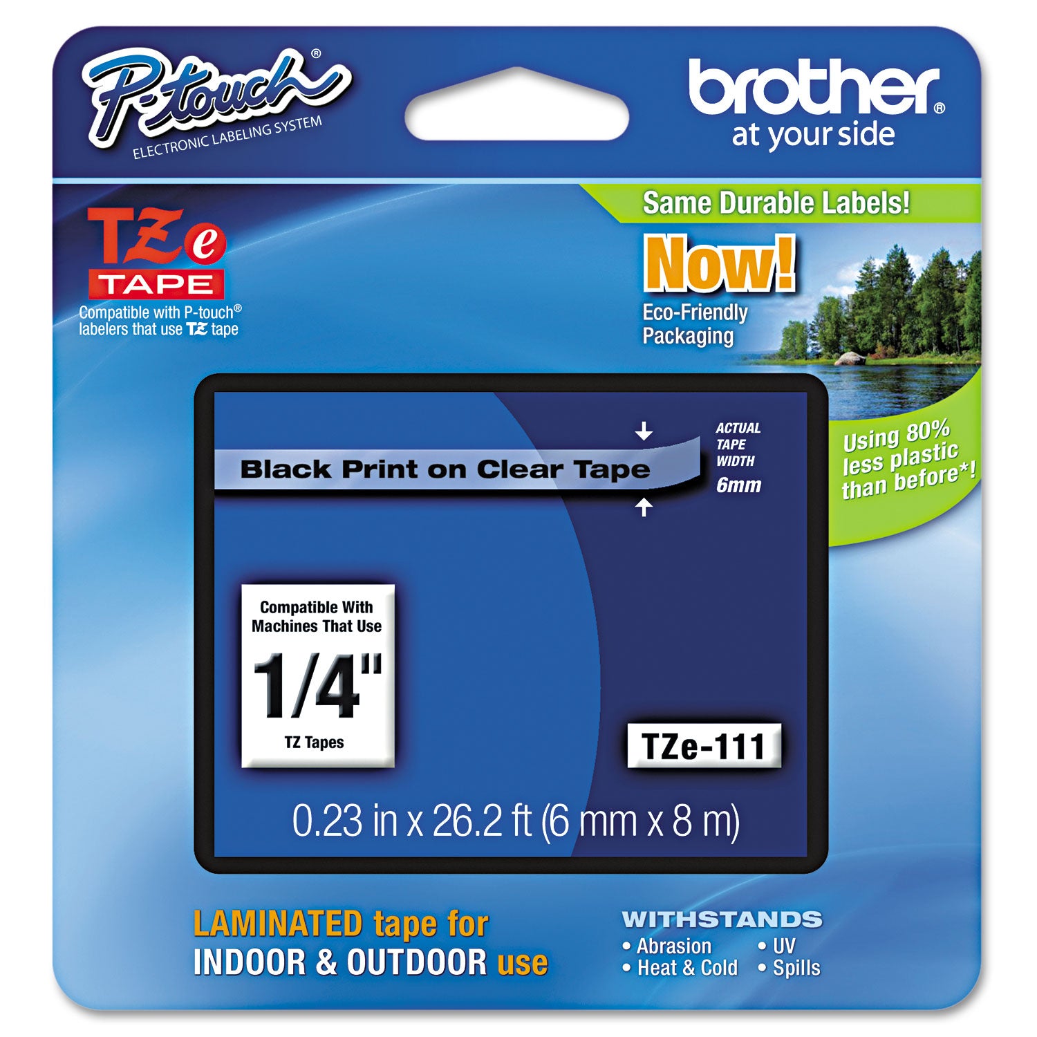 Brother P-Touch® Tze Standard Adhesive Laminated Labeling Tape, 0.23" X 26.2 Ft, Black On Clear
