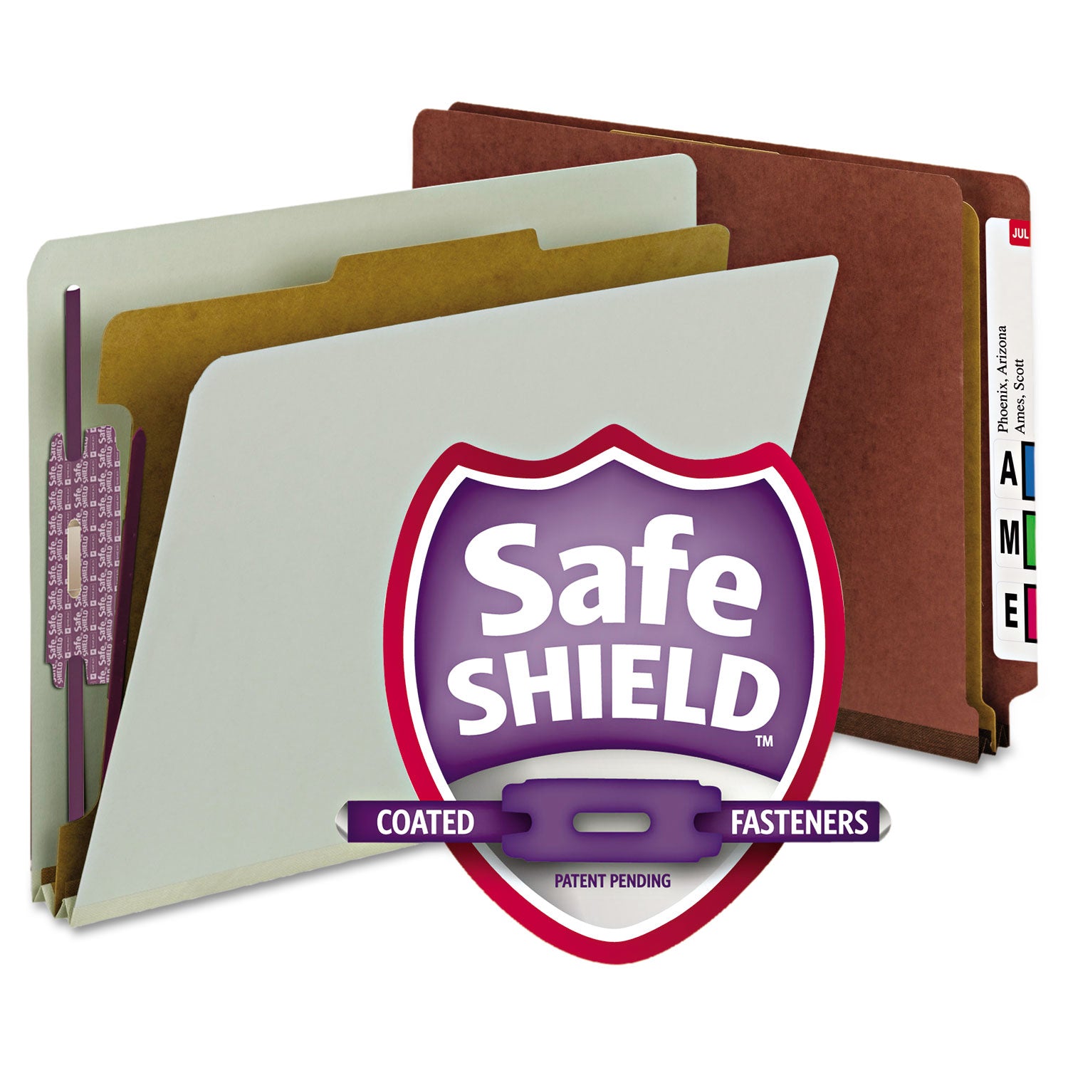 Smead End Tab Pressboard Classification Folders, Four SafeSHIELD Fasteners, 2" Expansion, 1 Divider, Letter Size, Red, 10/Box