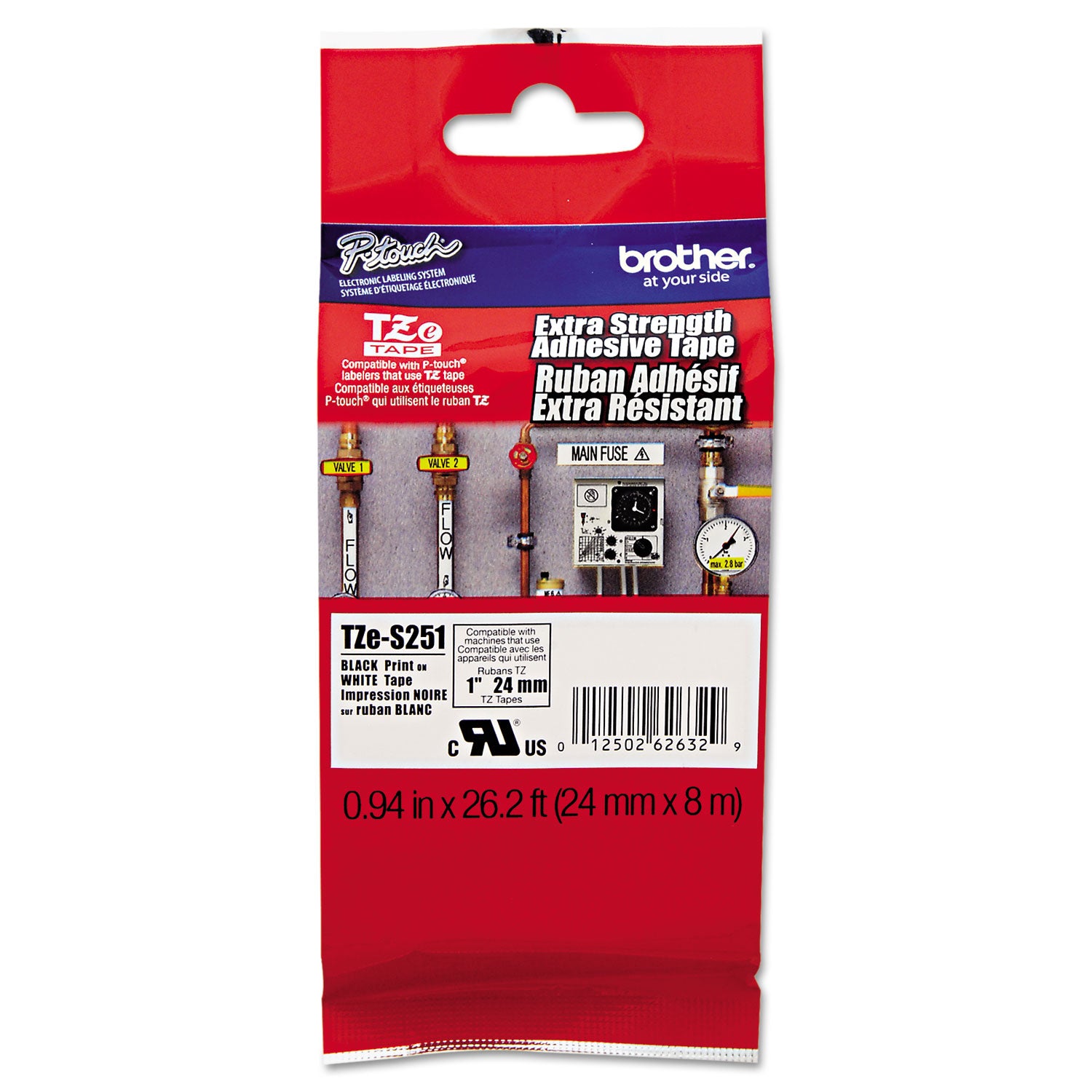 Brother P-Touch® Tze Extra-Strength Adhesive Laminated Labeling Tape, 0.94" X 26.2 Ft, Black On White