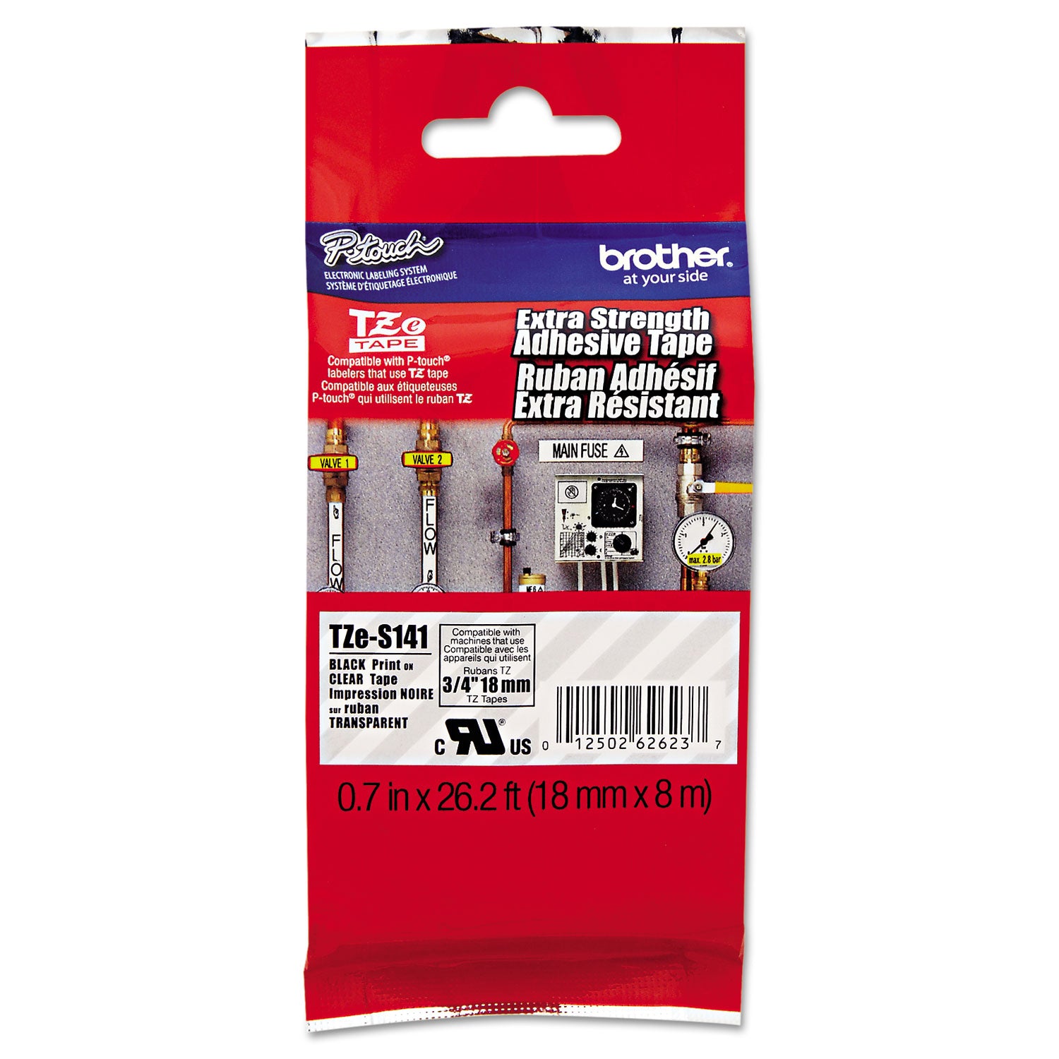 Brother P-Touch® Tze Extra-Strength Adhesive Laminated Labeling Tape, 0.7" X 26.2 Ft, Black On Clear