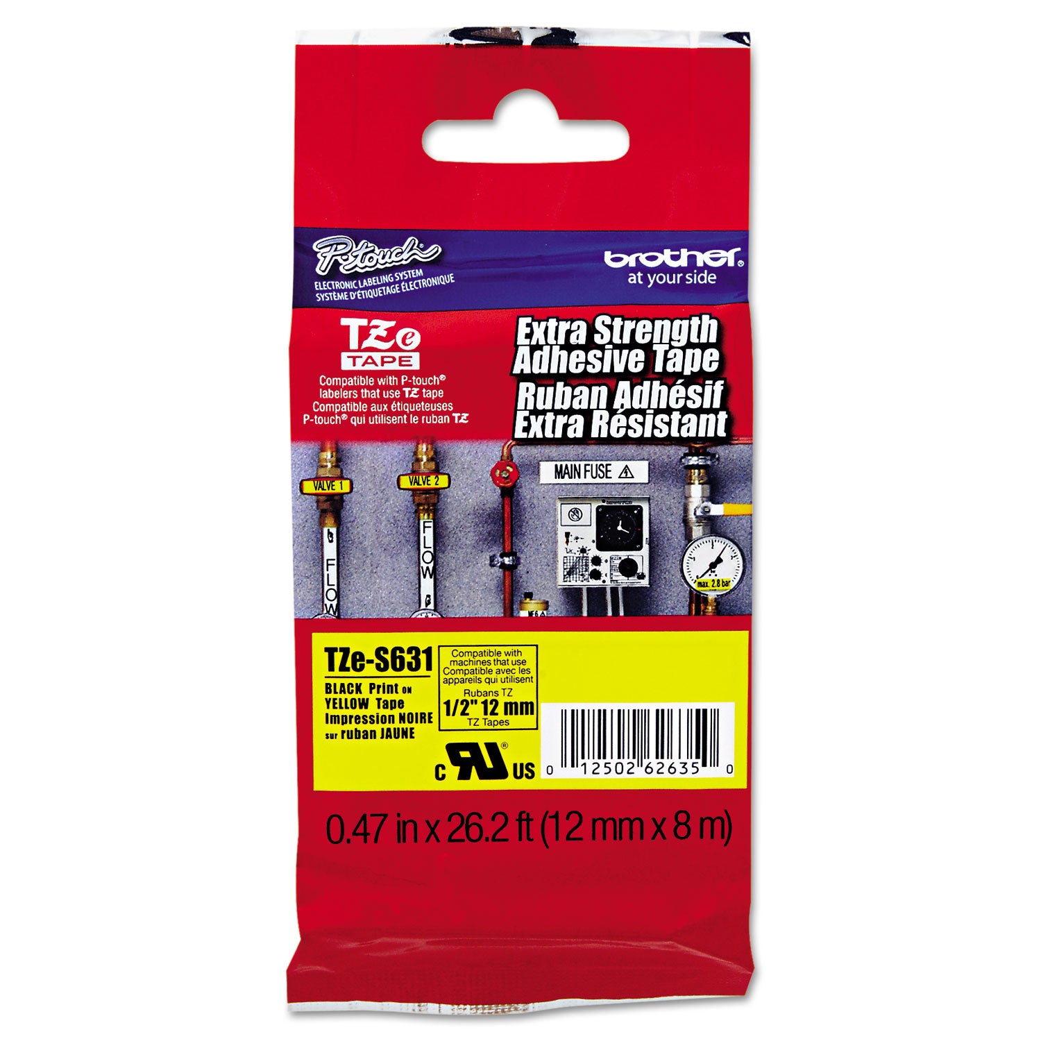 Brother P-Touch® Tze Extra-Strength Adhesive Laminated Labeling Tape, 0.47" X 26.2 Ft, Black On Yellow