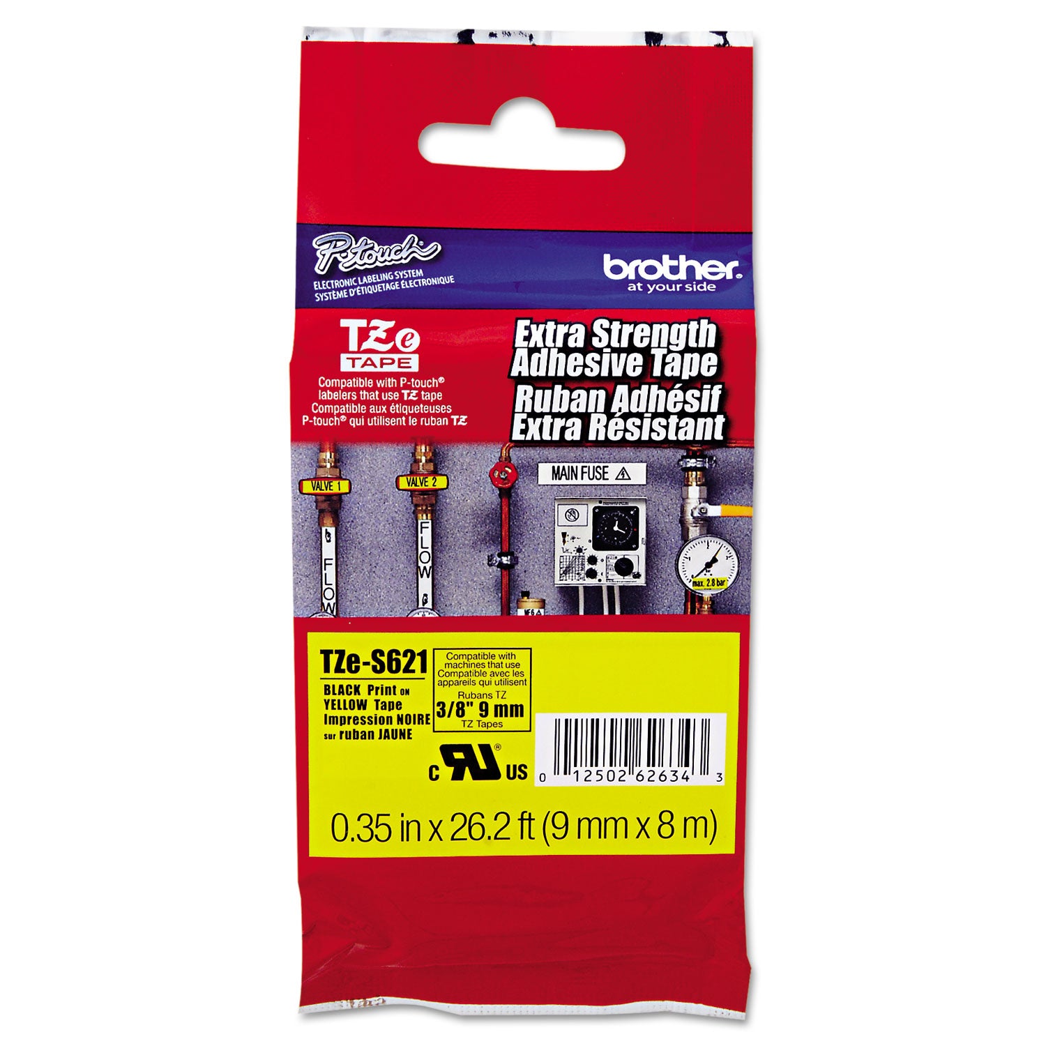 Brother P-Touch® Tze Extra-Strength Adhesive Laminated Labeling Tape, 0.35" X 26.2 Ft, Black On Yellow