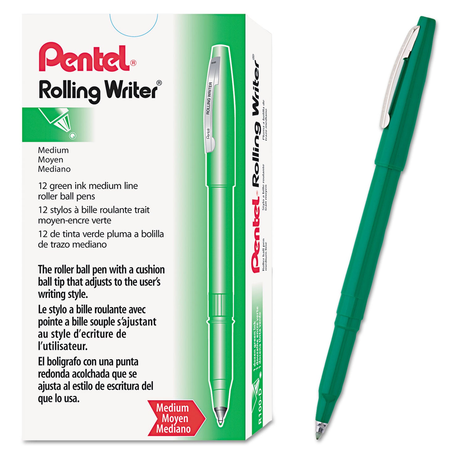 Pentel® Rolling Writer Rollerball Pen, Stick, Medium 0.8 mm, Green Ink, Green Barrel, Dozen