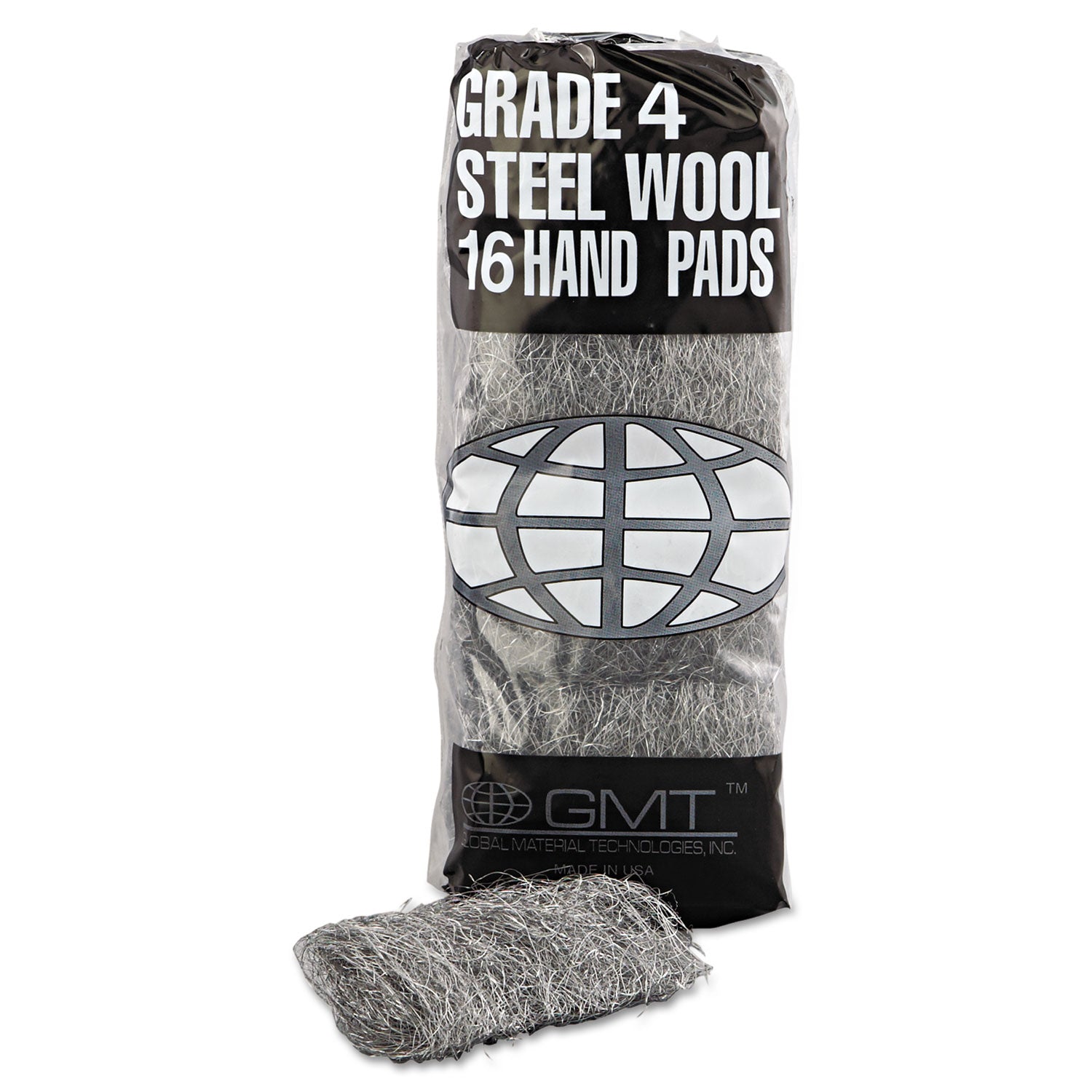 GMT Industrial-Quality Steel Wool Hand Pads, #4 Extra Coarse, Steel Gray, 16 Pads/sleeve, 12 Sleeves/carton