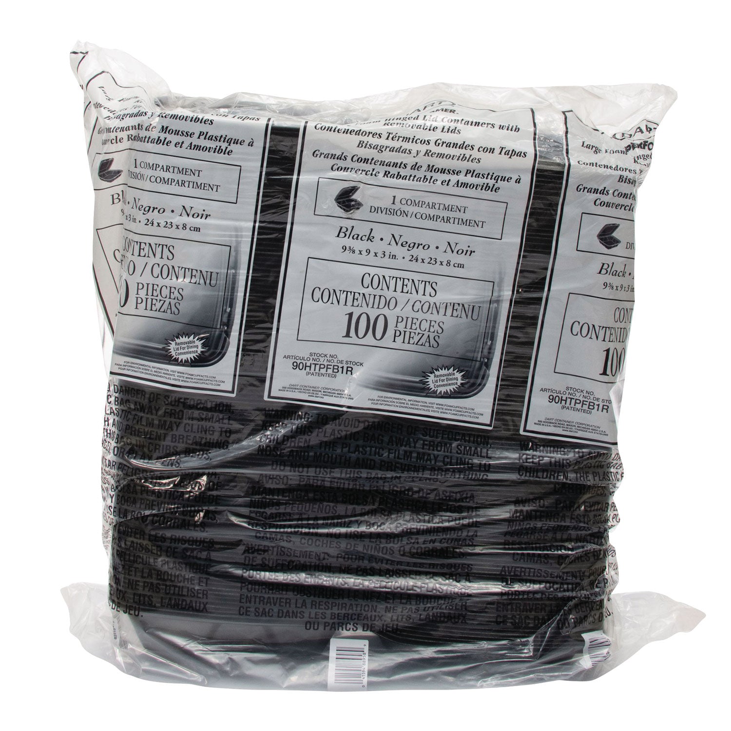 Dart® Insulated Foam Hinged Lid Containers, 9.01 x 9.4 x 3.1, Black, 100/Bag, 2 Bags/Carton, 200 Containers/Carton